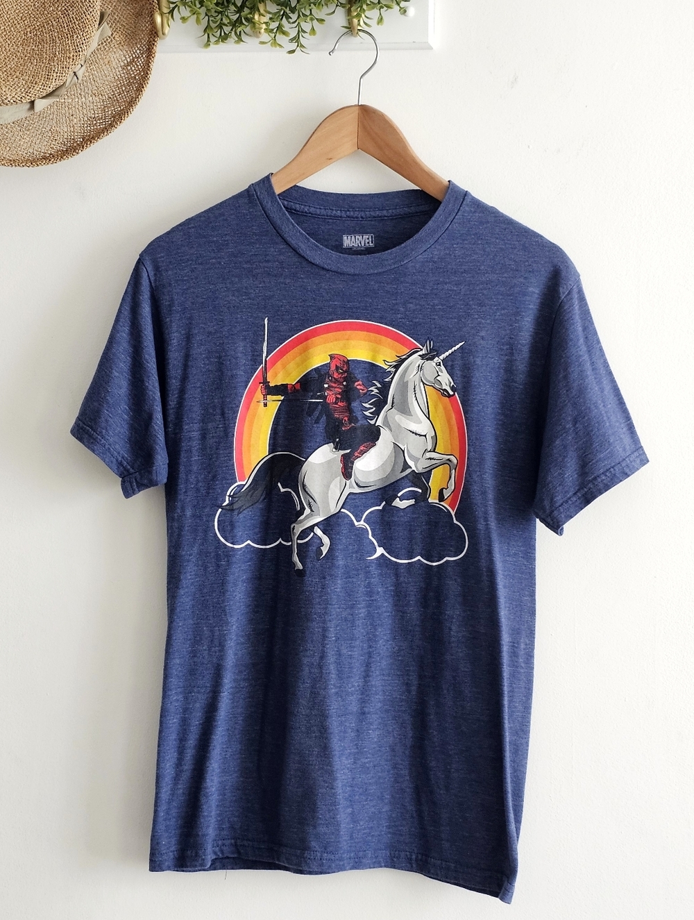 Marvel Deadpool Unicorn Rainbow Graphic Tee Blue Funny Comic Shirt M